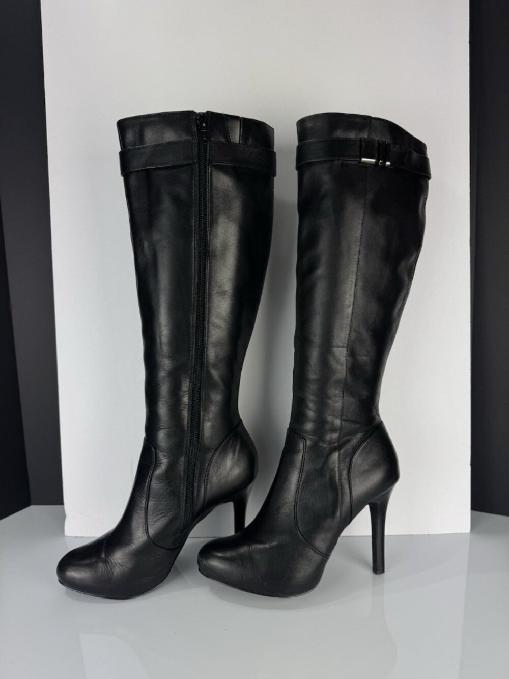 Alfani Jada Boots Black Leather Knee-High Heeled Buckle Accent Womens 7.5 M